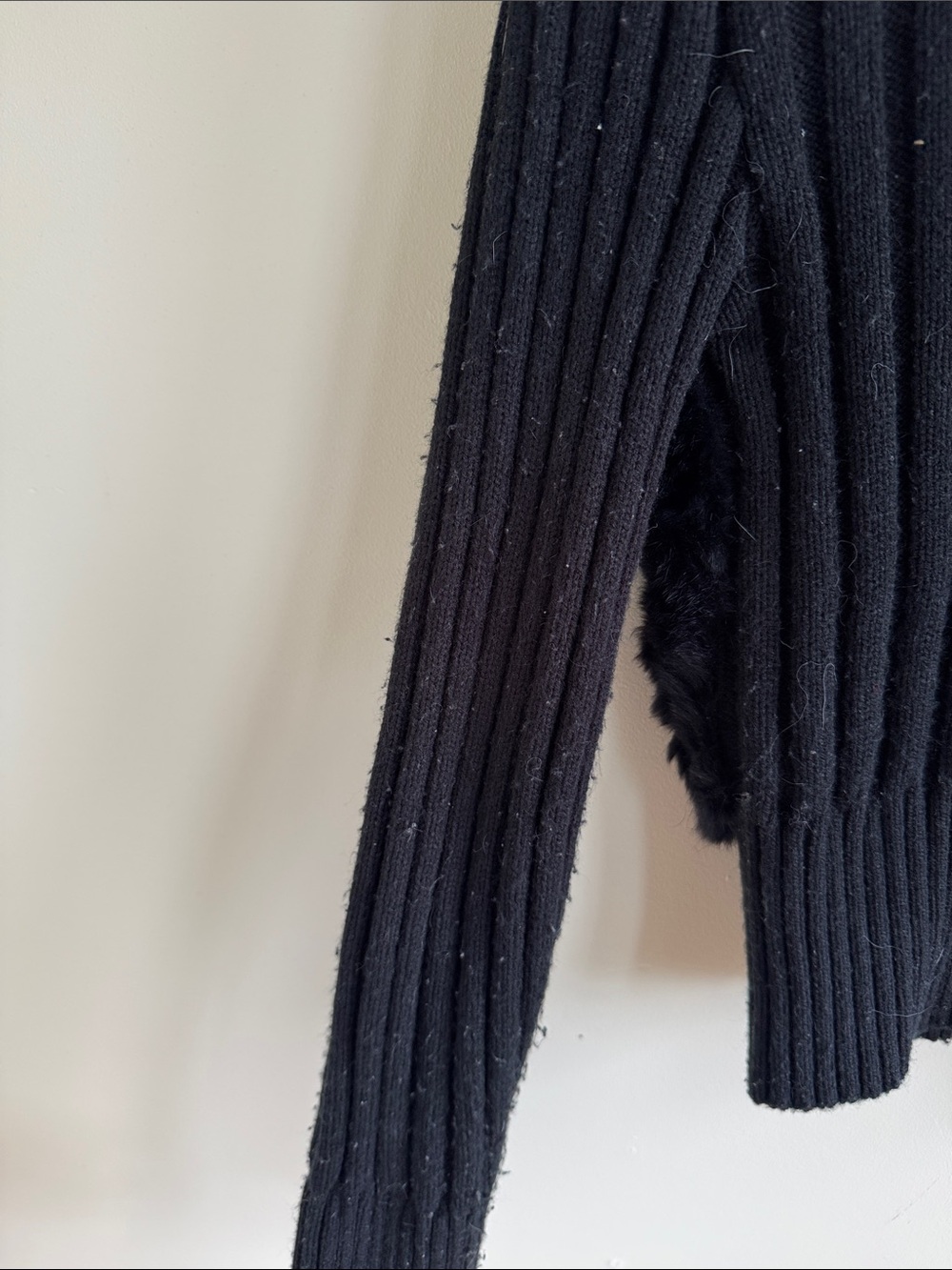 Black Rabbit Fur Ribbed Zip-Up Jacket - Picture 8 of 9